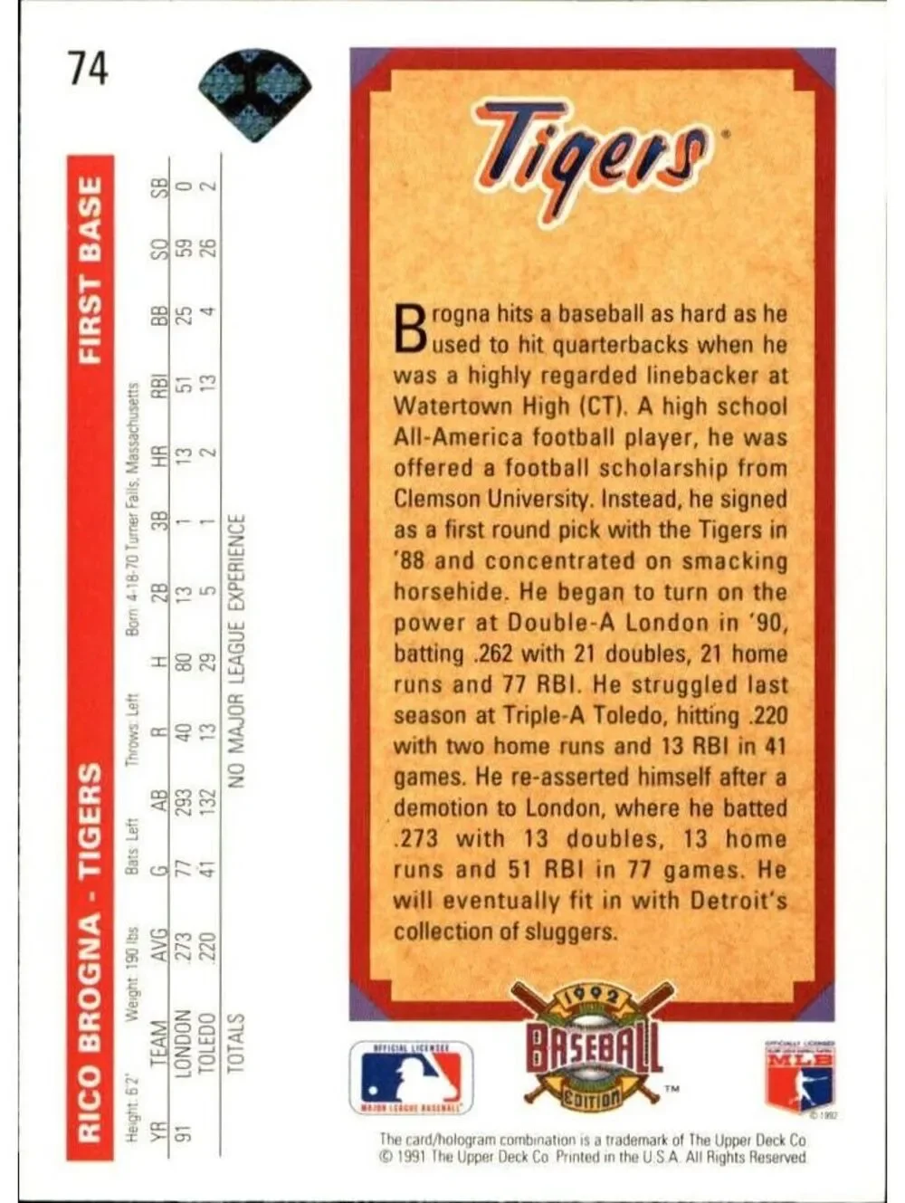 Rico Brogna 1992 Upper Deck MLB #74 Top Prospect Baseball Card Detroit Tigers